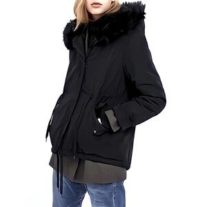 Zara woman outerwear size small black down fur hood